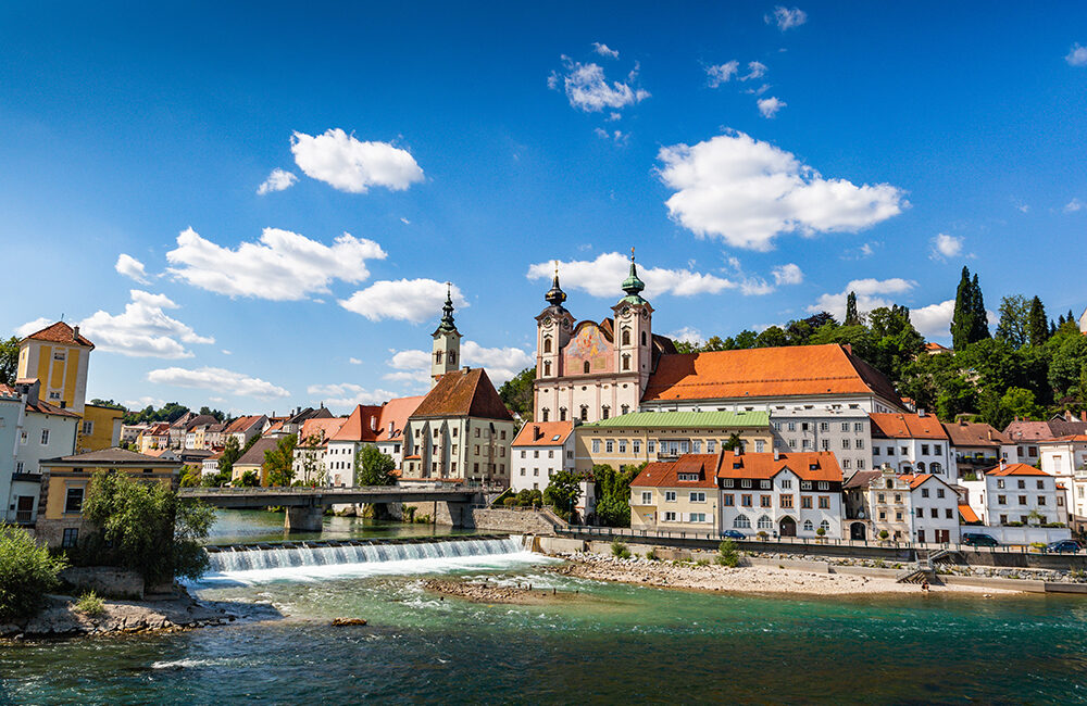 Steyr - a town in Austria. Steyr and Enns rivers.