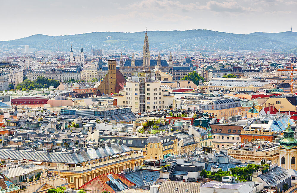 Aerial scenic view of city center of Vienna seen from St. Stephen's Cathedral in Austria